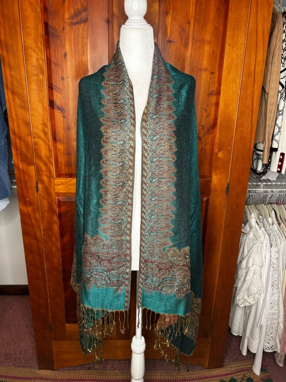 Reversible Peacock Color Paisley Fringe Paisley Border Pashmina Style Wrap Shawl